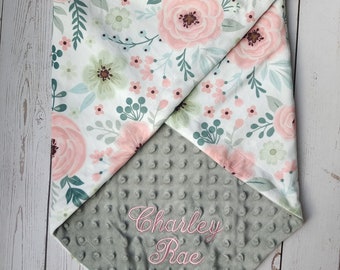 Personalized Baby Blanket Girl, Pink Minky Baby Blanket, Baby Shower Gift, Floral Baby Name Blanket, Embroidered Blanket Monogrammed Blanket