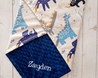 Geborduurd dinosaurusbabydeken, gepersonaliseerd cadeau pasgeboren babyminky dot
