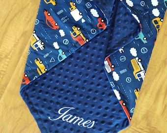 Personalized Vehicle Baby Blanket: Soft Minky Newborn Boy Gift