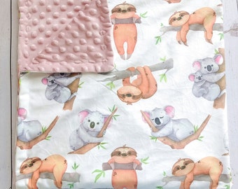 Sloth Koala Baby Blanket Regalo personalizado baby shower Manta Dot Minky Monograma nombre Baby Blanket Newborn Girl or Newborn Boy gift