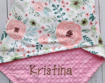 Personalized Baby Blanket Girl, Personalized Minky Baby Blanket, Baby Girl blanket, Floral Baby Blanket, Baby Shower Gift, Newborn Girl Gift