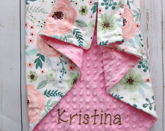 Floral Baby Blanket, Personalized Embroidered Girl Name Blanket