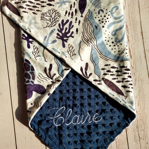 124Sea Fish Personalized Baby Boy Blanket Lovey Soft Minky Custom Baby Blanket Monogram name Blanket Navy Blue Newborn boy blanket
