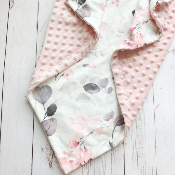 Personalized Baby Blanket Girl Lovey Minky Blanket Baby Shower Gift Leaves Floral Baby Name Embroidered Blanket Monogrammed Toddler Blanket