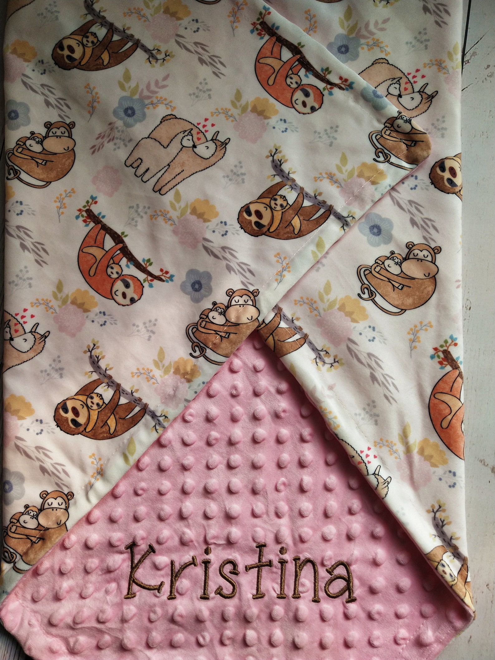 Personalized Baby Blanket Girl or Lovey Playing Sloth Monkey Etsy