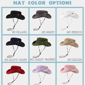 May include: Nine different color options for a bucket hat. The colors are black, grey, white, navy blue, army green, khaki, red, purple, and pink.