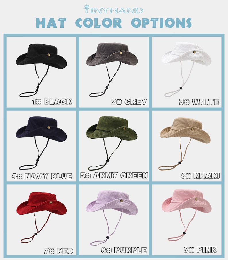 May include: Nine different color options for a bucket hat. The colors are black, grey, white, navy blue, army green, khaki, red, purple, and pink.
