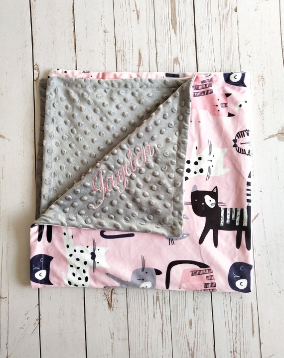 Personalized Baby Girl Blanket: Pink Kitten Cat Blanket, Custom Name