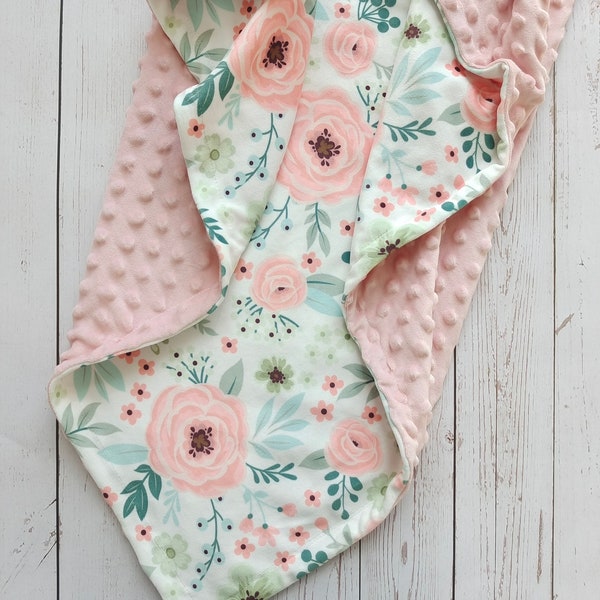 Personalized Baby Blanket Girl Floral Baby Girl Blanket Pink Embroidered Baby Shower Gift Custom Monogrammed name Baby Blanket Minky Blanket