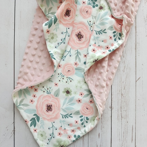 Personalized Baby Blanket Girl Floral Baby Girl Blanket Pink Embroidered Baby Shower Gift Custom Monogrammed name Baby Blanket Minky Blanket