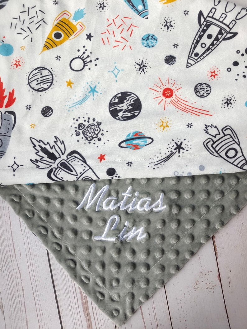 Personalized Baby Blanket Space Rocket Minky Baby Boy Blanket Baby Boy Gift Monogram name Blanket Navy Blue Blanket Newborn Baby Blanket image 3