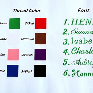 May include: A chart showing eight thread colors with their corresponding numbers, and six font styles with their corresponding numbers and names. The thread colors are green, white, pink, blue, red, brown, purple, and black. The font styles are Henry, Samnel, Isabella, Charlotte, Aubiey, and Hannah.