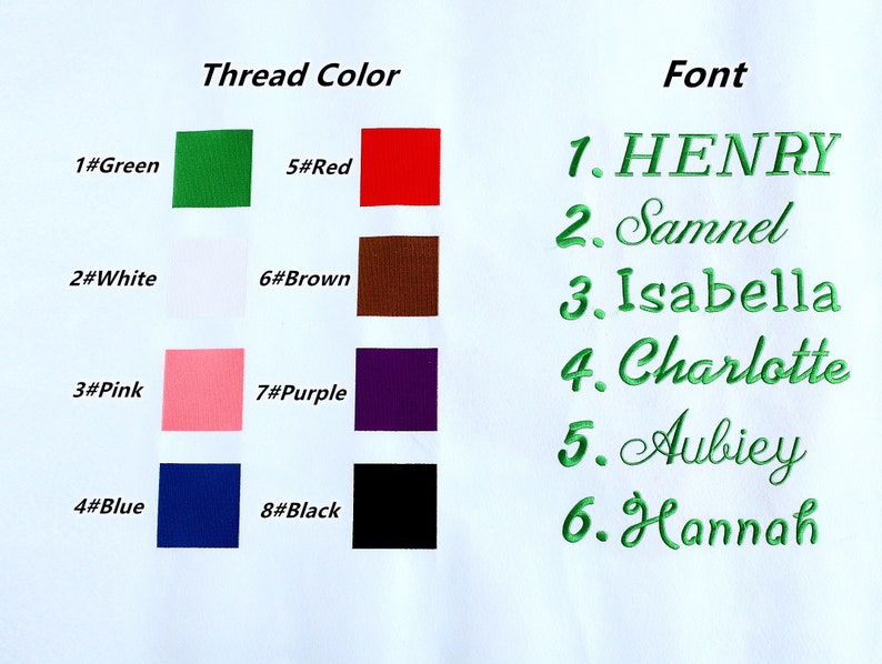 May include: A chart showing eight thread colors with their corresponding numbers, and six font styles with their corresponding numbers and names. The thread colors are green, white, pink, blue, red, brown, purple, and black. The font styles are Henry, Samnel, Isabella, Charlotte, Aubiey, and Hannah.