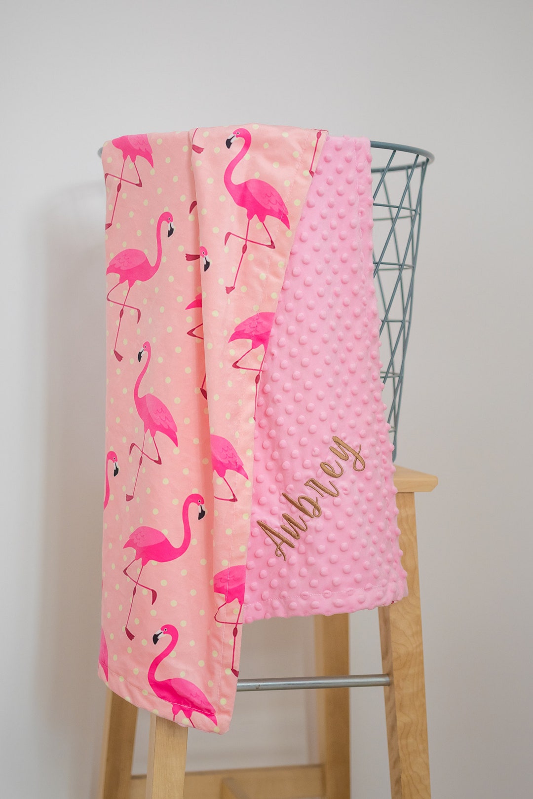 Personalized Baby Blanket Flamingo Dot Minky Baby Blanket Monogram Name