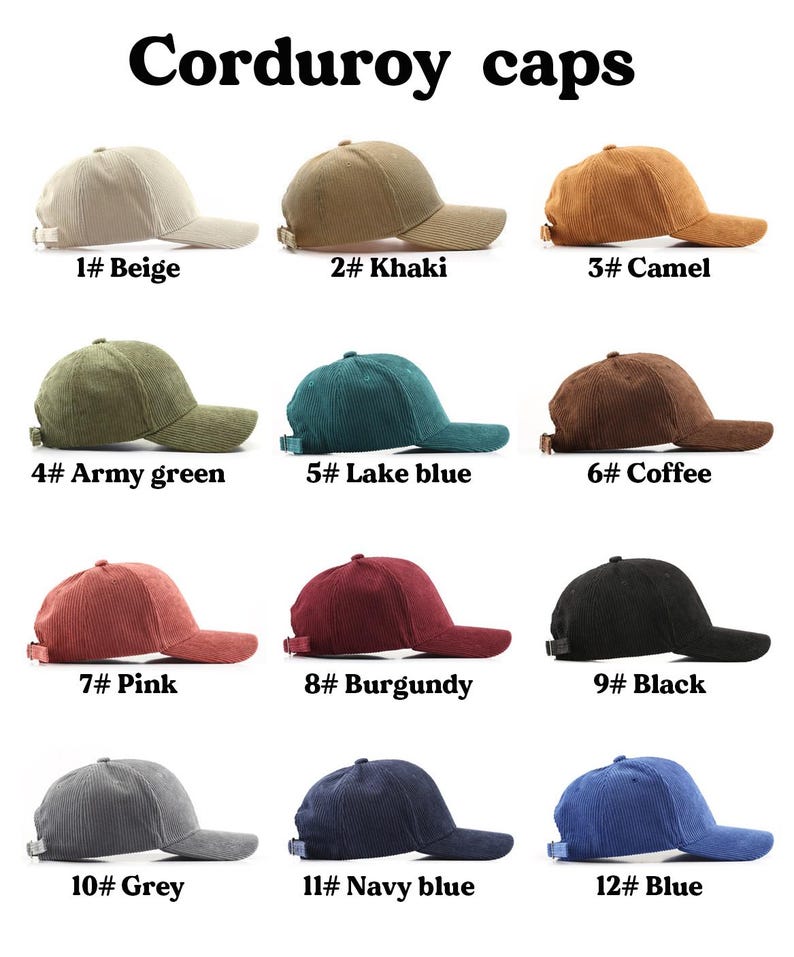Puede incluir: Doce gorras de b&eacute;isbol de pana en varios colores, incluyendo beige, caqui, camel, verde militar, azul lago, caf&eacute;, rosa, burdeos, negro, gris, azul marino y azul. Cada gorra tiene un n&uacute;mero y el nombre del color impreso debajo.