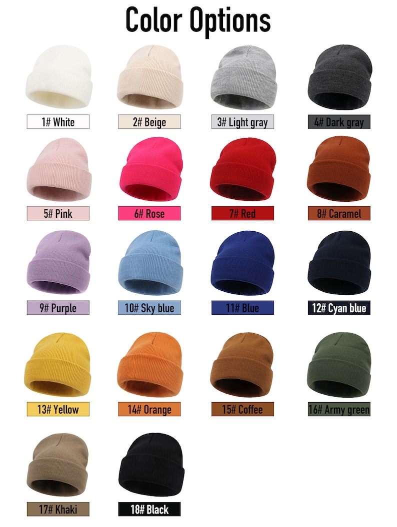 Puede incluir: Una colecci&oacute;n de dieciocho gorros en varios colores, incluyendo blanco, beige, gris claro, gris oscuro, rosa, rosa fuerte, rojo, caramelo, morado, azul cielo, azul, azul cian, amarillo, naranja, caf&eacute;, verde militar, caqui y negro. El texto "Color Options" est&aacute; en la parte superior.