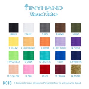 May include: A chart showing 20 different thread colors for embroidery. The colors are labeled with numbers and names, such as 1 Black, 2 White, 3 Grey, 4 Brown, 5 Olive, 6 Yellow, 7 Light Orange, 8 Orange, 9 Light Purple, 10 Purple, 11 Apple Green, 12 Green, 13 Lake Blue, 14 Blue, 15 Cyan Blue, 16 Flesh Pink, 17 Pink, 18 Red, 19 Maroon, and 20 Golden. The text "TINYHAND thread Color" is at the top of the chart.