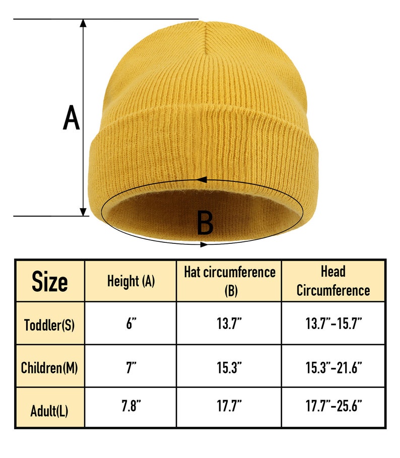 Puede incluir: Gorro de punto amarillo mostaza. La altura del gorro es de 15,2 cm para la talla Infantil, 17,8 cm para la talla Ni&ntilde;os y 19,8 cm para la talla Adulto. La circunferencia del sombrero es de 34,8 cm, 38,9 cm y 45 cm.