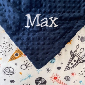 Personalized Baby Blanket Space Rocket Minky Baby Boy Blanket Baby Boy Gift Monogram name Blanket Navy Blue Blanket Newborn Baby Blanket image 2