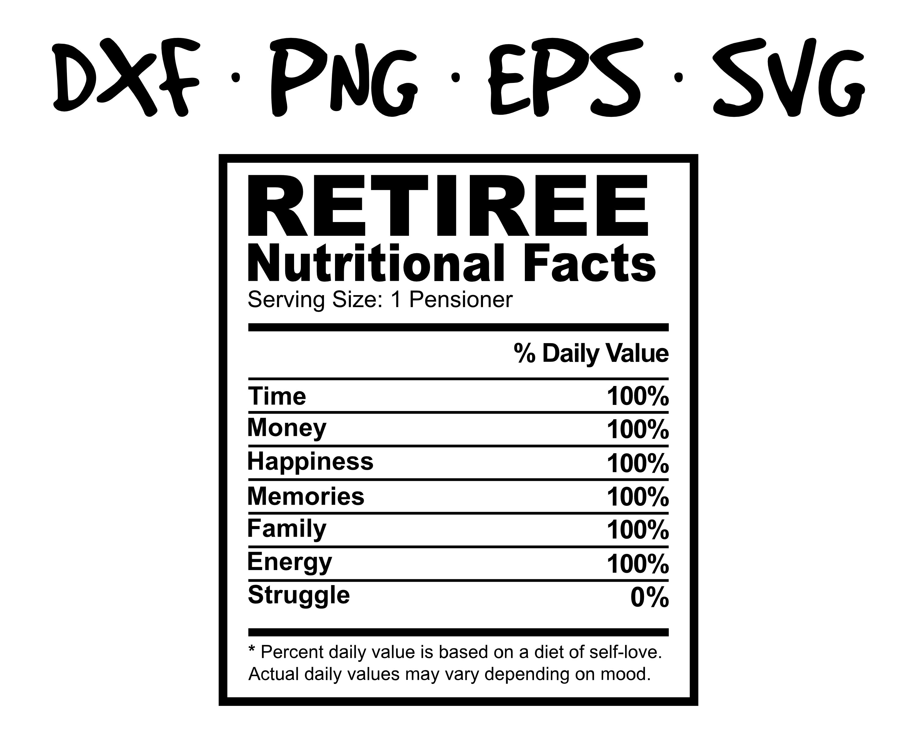 Retiree Retirement Nutritional Facts template Food Senior Citizen Pensioner vector file svg png eps dxf format High Quality Instant Download