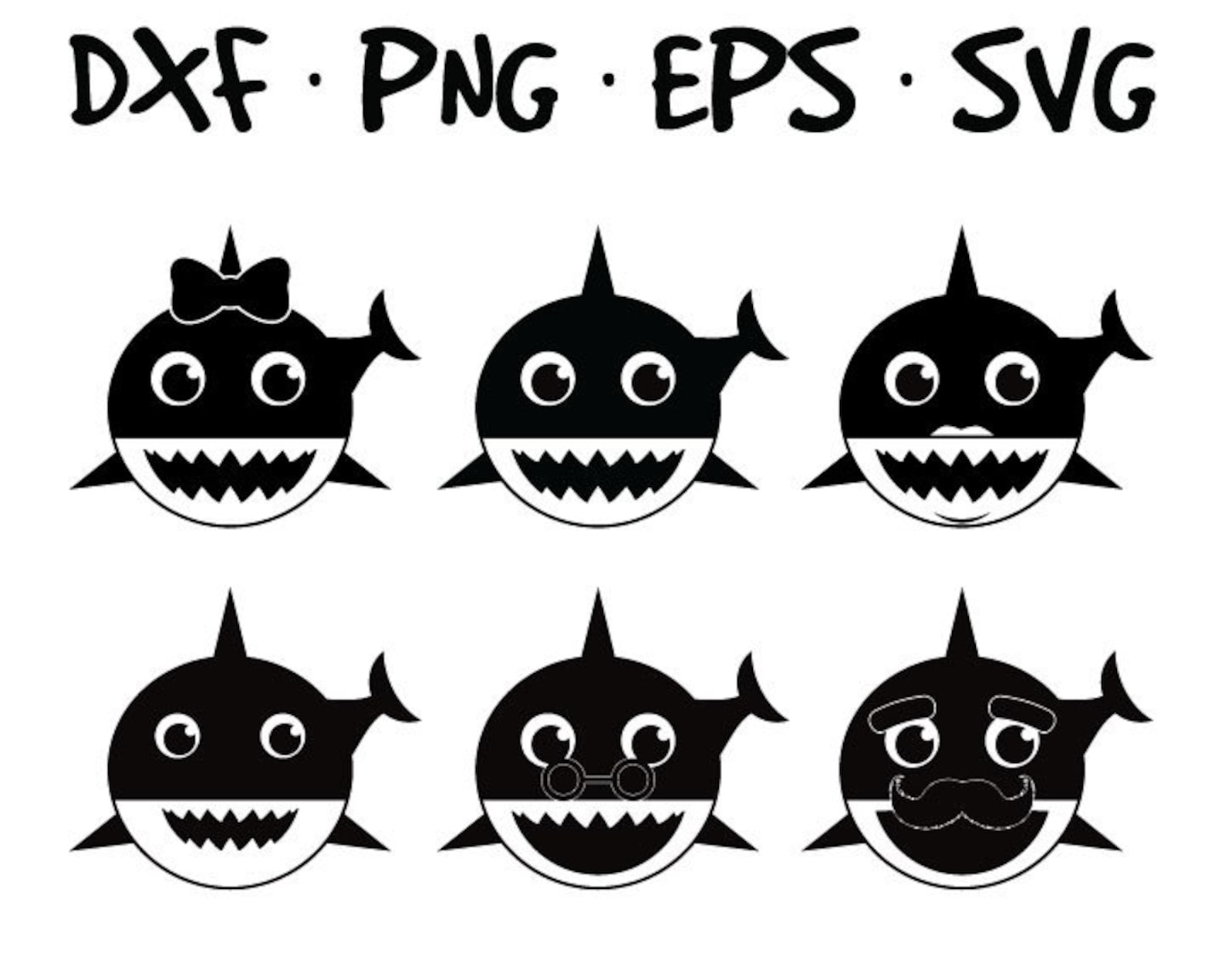 Baby shark Black White SVG EPS PNG clip art Daddy Shark Mommy Shark Grandma...