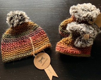 Autumn Colours Newborn 0-3mth Matching Beanie & Faux Fur Trimmed Set