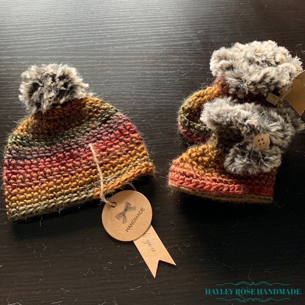 Autumn Colours Newborn 0-3mth Matching Beanie & Faux Fur Trimmed Set