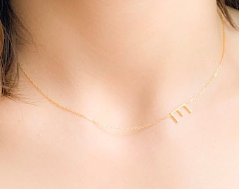 Dainty Gold Sideways Initial Necklace, Personalized Letter Necklace, Bridesmaid Gift, Personalized Gifts for Her, Choker Necklaces for Women