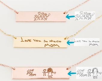 Handwriting Bar Necklace Personalized Kids Childrens Drawing Necklace for Mom, Unique Gifts for Women, Personalized Gift, Graduation Gift