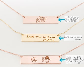 Handwriting Bar Necklace Personalized Kids Childrens Drawing Necklace for Mom, Unique Gifts for Women, Personalized Gift, Graduation Gift