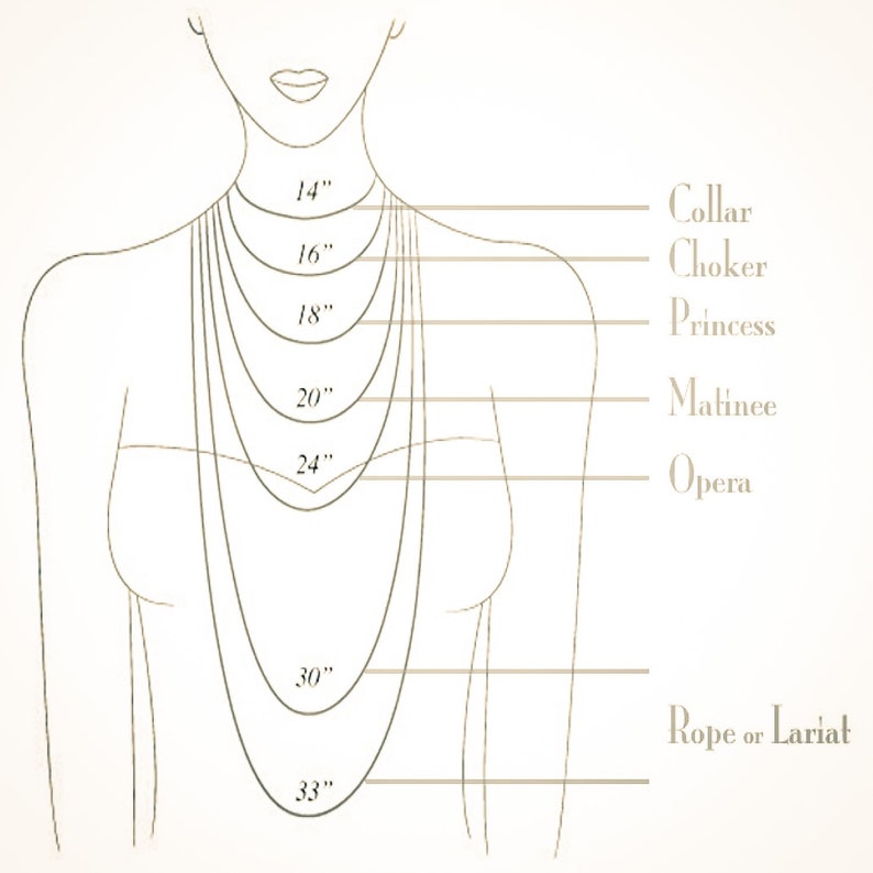 May include: Diagram showing different necklace lengths, including collar, choker, princess, matinee, opera, and rope or lariat. The lengths are measured in inches: 14", 16", 18", 20", 24", 30", and 33".
