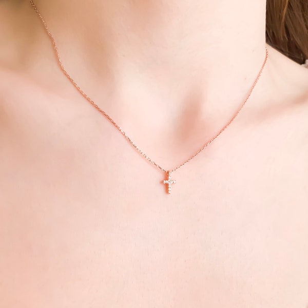 14k Solid Rose Gold Diamond Cross Necklace Women, Tiny Diamond Cross, Cross Pendant, Religious Jewelry, Dainty Necklace, Fine Jewelry