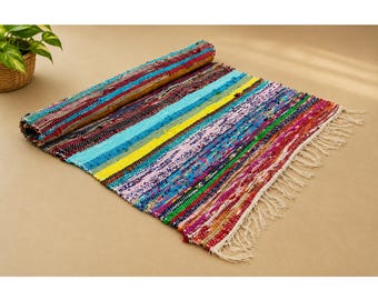 Indian Handmade Multicolor Cotton Chindi Rug home Decor Rug Runner