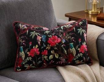 Velvet Botanical Black Bird Pillow Cover – Maximalist Floral Cushion Case sofa decor lumbar throw