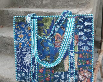 Blue Patchwork Quilted Shoulder Bag Women's Beach 100% Cotton Handbag
