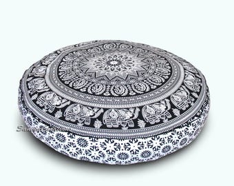 Handmade Round Floor Cushion Cover Black White Elephant Mandala Boho Floral Papasan Chair Cushions Home Decor