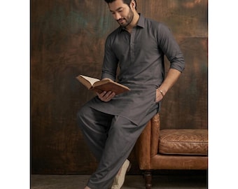 Traje Pathani para hombre hecho a mano Kameez Shalwar indio Kurta Set