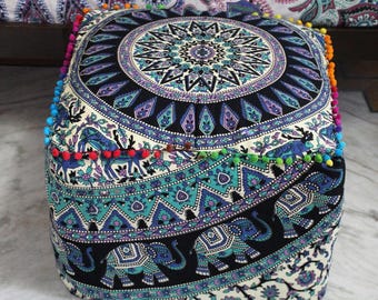 Funda de algodón para puf otomano – Taburete bohemio indio con mandala de ciervo, puf sin relleno para decoración del hogar