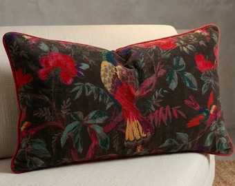 12x20 Velvet Bird Botanical Pillow Cushion Cover Sofa Decor Maximalist Floral Throw Pillows