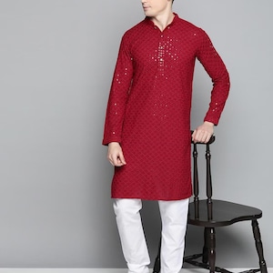 Indian Handmade Cotton Embroidery Men Kurta Heavy Chikankari Wedding Kurta Mirror work Kurta with Pajama Diwali Outfit for Mens ( RED )