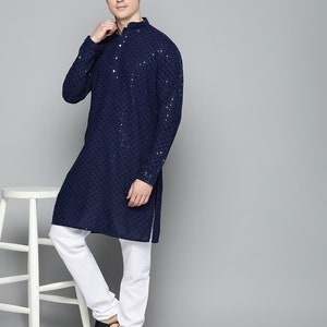 Indian Handmade Cotton Embroidery Men Kurta Heavy Chikankari Wedding Kurta Mirror work Kurta with Pajama Diwali Outfit for Mens