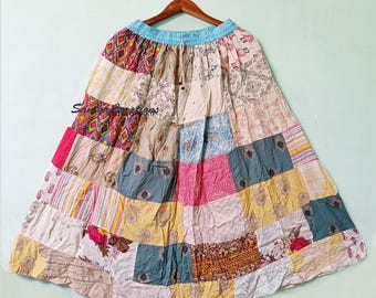 Falda larga de rayón con patchwork hecha a mano – Estilo bohemio escalonado y fluido para festivales