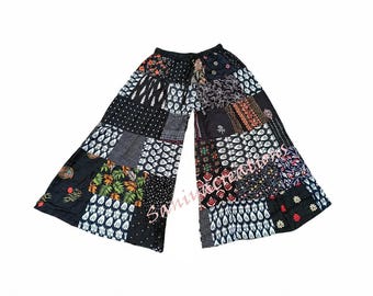 Pantalones Palazzo Patchwork - Pantalones de pierna ancha de algodón y rayón con parches negros para yoga
