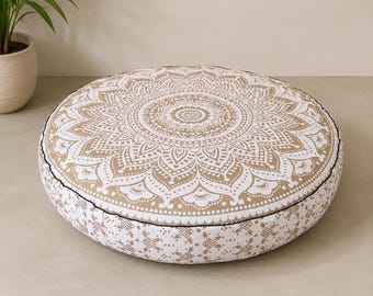 Round Cotton Floor Cushion Cover White Gold Ombre Mandala Boho Papasan Chair Pillow Decorative