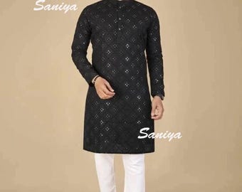 Handmade Chikankari Embroidered Cotton Kurta Pajama Set - Festival Gift For HIM