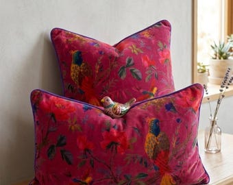 Velvet Botanical Pink Bird Pillow Cover – Maximalist Floral Cushion Case sofa decor lumbar pillowcase throw
