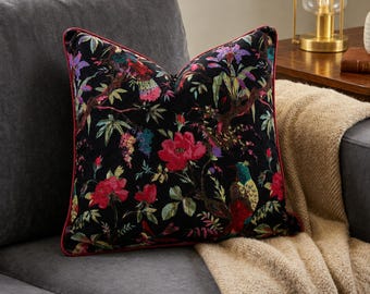 Luxurious Velvet Botanical Bird Pillow Cover – Maximalist Floral Cushion Case