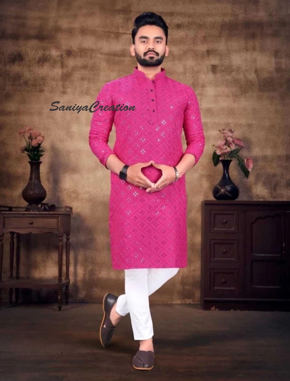 Handmade Pink Chikankari Cotton Kurta Pajama Set, Mirror Work Diwali Outfit