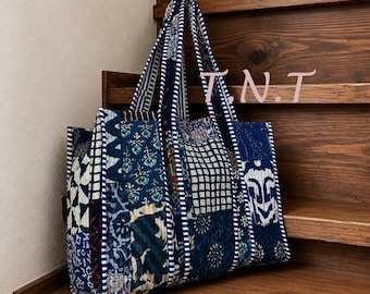 Bolso de hombro acolchado azul con diseño de retazos para mujer, ideal para la playa, 100% algodón.