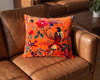 Orange Velvet Bird Print Cushion Cover, Nature Sofa Decor